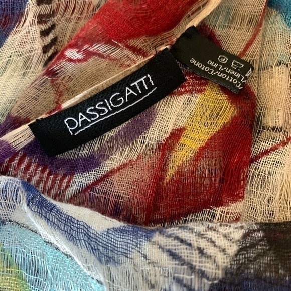 Women Fringe Scarf PASSIGATTI Italy Multicolored Abstract Print Shawl Mesh Wrap - Picture 6 of 8
